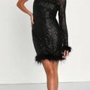 Anthropologie NWT Lulus Sparkling Desire Black Sequin Feather One-Shoulder Mini Dress Size M Photo 3