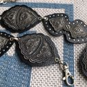 Chico's Western Belt Black Leather Silver Filigree Chain Scalloped Floral Details Photo 4