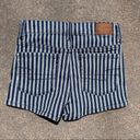 American Eagle AEO blue white railroad stripe next level stretch high rise Shorty jean shorts Photo 1