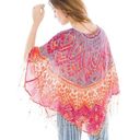 CHICO'S Phoebe Poncho Colorful Sheer Linen ONE SIZE w Beaded Fringe Pink Purple Size M Photo 4