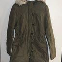 American Eagle  Women’s Olive Green Faux Fur Hood Toggle Button Coat Size S Photo 0