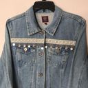 Boom Boom Jeans Embroiled denim jacket with pom poms button up fall winter size medium Photo 2