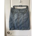 CAbi  Denim Skirt Womens Size 8 #482 Medium Stonewash A-Line Stretch gold stitch Photo 1