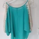 Umgee  Split Sleeve Crochet Cold Shoulder Teal/White Size L Boho Concert Festival Photo 5