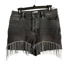 Good American  The Bombshell Denim Short Black Size 8 Cutoff Rhinestone Fringe Photo 6