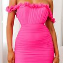 Selfie Leslie SENORITA OFF-SHOULDER LETTUCE EDGE DETAIL RUCHED MINI DRESS HOT PINK Photo 0