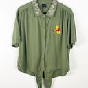 Disney  Green Winnie The Pooh Front Hem Tie Short Sleeves Button Top, Size Medium Photo 0