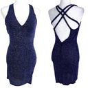 Midnight Doll  V-Neck Strappy Back Glitter Ruched Bodycon Dress Navy 3 Junior NWT Photo 8