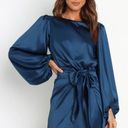 Petal and Pup  Opal Navy Blue Satin Long Balloon Sleeve Wrap Mini Dress 4 Photo 10