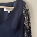 Badgley Mischka  Evening Gown Navy Blue Silver Accents Mesh Sleeves V-Neck Size 4 Photo 3