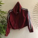 Red burgundy long sleeve crop hoodie sweatshirt with black and white stripes. Size M Photo 0