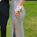 B Darlin Silver-Sequin Slit Prom Dress Photo 2