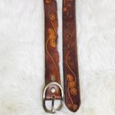 VINTAGE 90s Y2K Brown Tooled Leather Belt Brass Buckle Floral Sz 34 Small Medium Photo 4