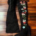 Qupid  Miss 10 Embroidered Floral Thigh High Boots Black Faux Suede Size 5.5‎ Photo 0