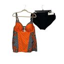 Cacique Swim by  Orange Paisley Padded Bra Tankini EUC + Black Bikini Bottom NWT Photo 0