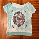 Sweater Project  Light Aqua Blue Aztec Short Sleeve Oversized Blouse Size XL Photo 5