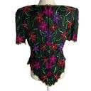 Laurence Kazar Vintage  Sequin Silk Blouse L Black Floral Zip Back Short Sleeves Photo 3