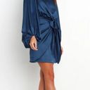 Petal and Pup  Opal Navy Blue Satin Long Balloon Sleeve Wrap Mini Dress 4 Photo 11