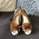 Isaac Mizrahi  Shiny Burnt Orange/Brown Heels Photo 2