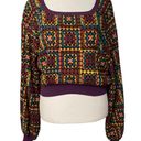 Farm Rio  Granny Square Multicolor Boat Neck Geometric Knitted Crochet Sweater S Photo 3