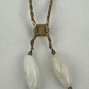 Onyx Vintage Semi Precious White Agate  Beaded Brass Chain Lariat Necklace Photo 7
