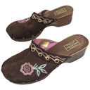 Vtg Y2K Arizona Brown Suede Pink Floral Embroidered Wooden Heel Studded Clogs 5 Size undefined Photo 0