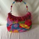 Y2K Geometric Print Tapestry Bag Beaded Top Handle Fringe Kidcore Festival Photo 0