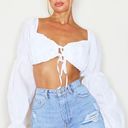 Pretty Little Thing PLT White Ruched Sleeve Tie Front Crop Top Photo 0