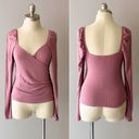 Abound  Women's Dusty Pink Ribbed V-Neck Stretch Puff Sleeve Blouse Top  Size S Photo 1