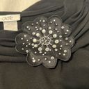 Cache  sz S blk drapey boatneck rouched sides 3/4 slv beaded rhinestone flower Photo 1