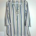 Tommy Bahama  Women's 3/4 Sleeve Striped Linen Tunic Top L Lace Up V Neck Boho Photo 0