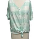 Style & Co . Gingham Tie Front Short Sleeve Button Up Linen Top Mint White Medium Photo 1