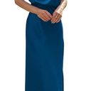 Dark Teal Silk High Neck MIDI Dress Blue Photo 2