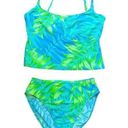 Vtg Y2K Tankini Swim Set Sz 12 Neon Abstract Palm Print High Rise Blue Photo 0