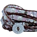 Victoria Emerson  Brown Leather Wrap Bracelet With Pink Pearls Photo 4