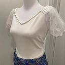 Timing White Blouse Crop Top With Mesh & Pearl Detail Puff Sleeves - M Photo 0