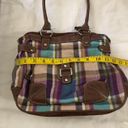 2000s Y2K quirky retro Multicolored colorful plaid shoulder hand bag purse brown leather trim silver hardware Photo 5