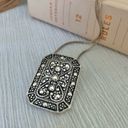 American Vintage Vintage “Jayne” Silver Tone Charm Pendant Necklace Rectangle Scroll Work Metallic Pin Photo 6