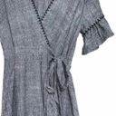 Moon River Heather Gray Blanket Stitch Linen Blend Ruffle Wrap Mini Dress Photo 6