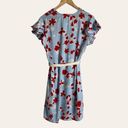 Oscar de la Renta  Pink Label Blue Red Floral Print Satin Wrap Dress Mini Robe S Photo 7