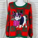 Holiday Time  Fancy Dog Checkerboard Fuzzy Ugly Christmas Sweater Red 3X Oversize Photo 0