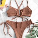 Zaful Ribbed V Wired Criss Cross Bikini Set - Light Brown Photo 2