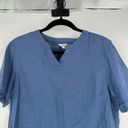 L.L.Bean  Womens Pinstriped Linen Blend Shorts Sleeve Split Neck Top Blue Medium Photo 5