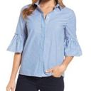 Draper James  Andrea Striped Button Down Ruffle Blouse Blue & White Size 8 Stripe Photo 0