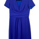 Carolina Herrera  Women's Blue V Neck Short Sleeve Draped Waist Wool Dress Sz 6 Photo 0