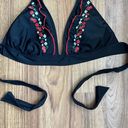 HOBIE Y2K Black Red Ruffle Embroidered Cherries Daisies Halter Swim Bikini Top Size L Photo 3