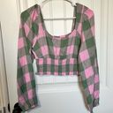 BP . Womens Crop Top Pink Buffalo Plaid Long Sleeve Puff Scoop Neck Smocked SZ S‎ Photo 0