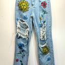 SheIn Destroyed Light Denim Sun & Tropical Flower Print High Rise Straight Leg Jeans Photo 0