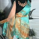 Angel Biba NWT  tie dye green orange wrap mini dress bow tie satin shine sz S Photo 6