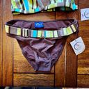 NWT Y2K Retro Buzois Brown White Blue Striped Halter Top Bikini Set Size Large Photo 4